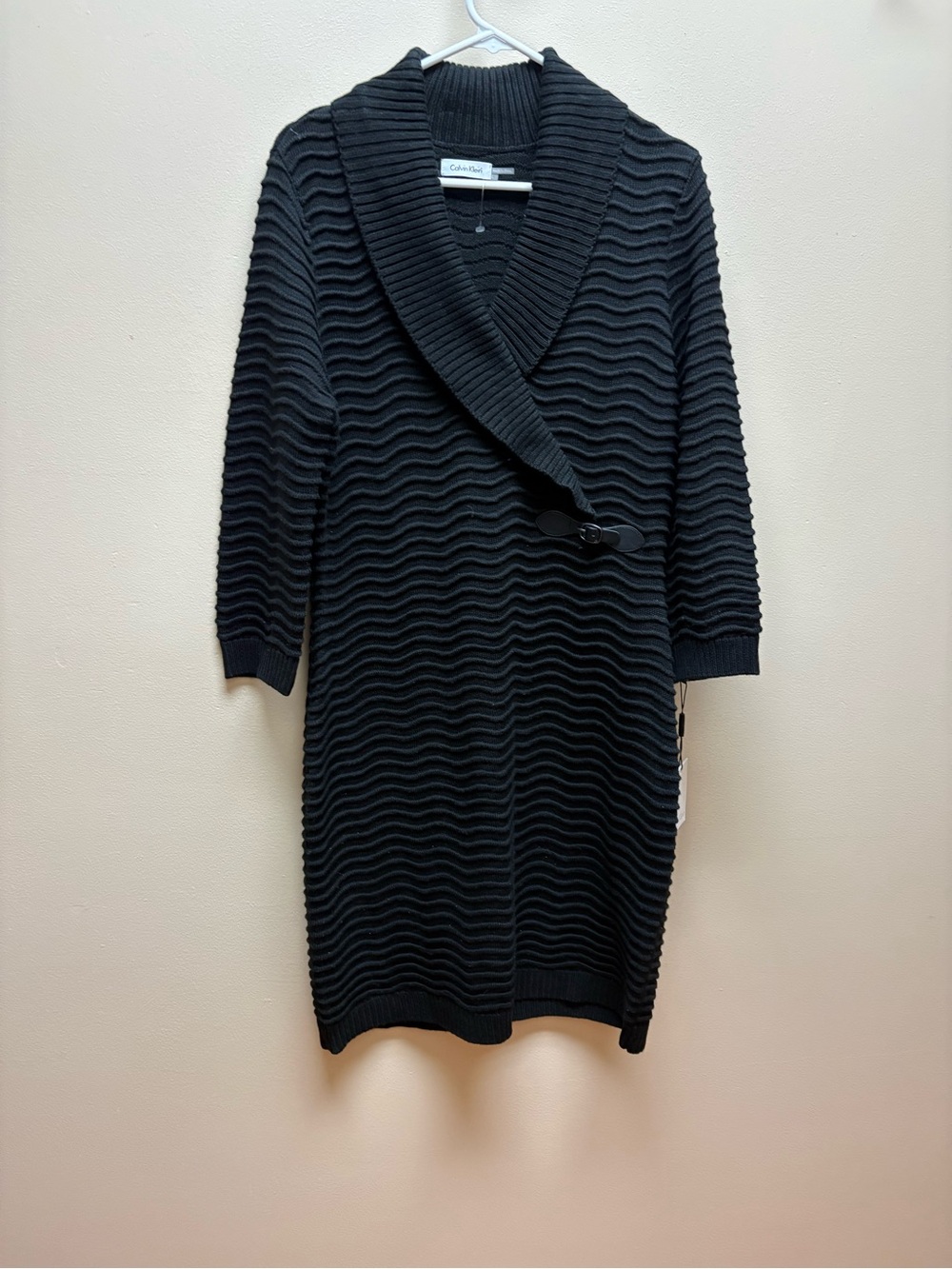 Calvin Klein Black Textured Shawl-Collar Long Sleeve Dress